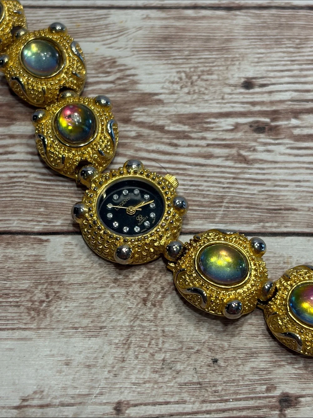 18K Electro Plated Gold-Vintage Bracelet Watch with Iridescent Cabochons